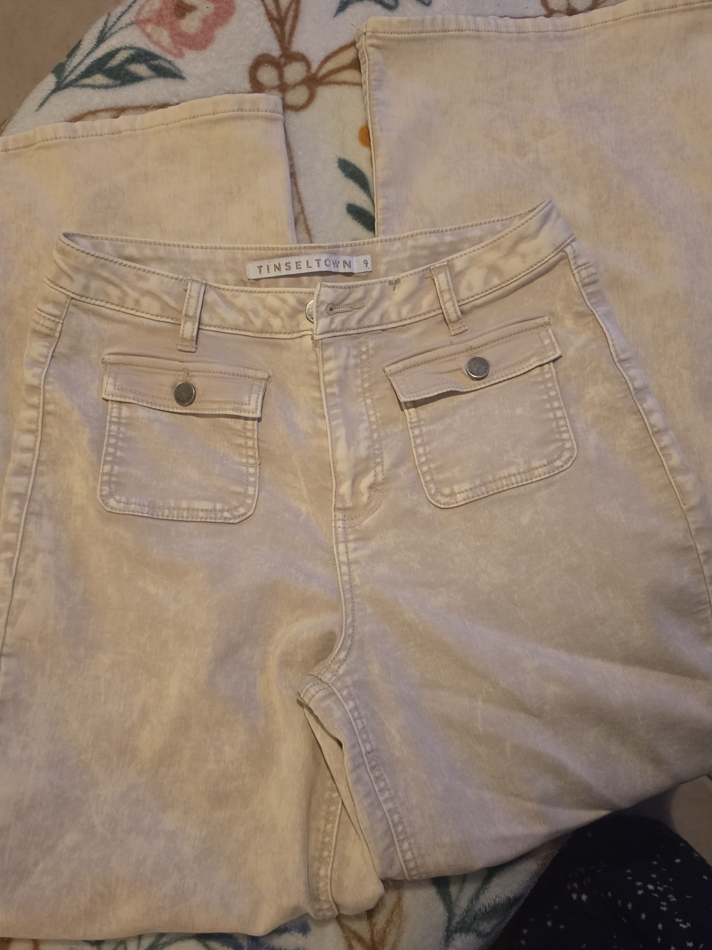 Tinseltown Cream High-Rise Utility Jeans with Front Flap Pockets